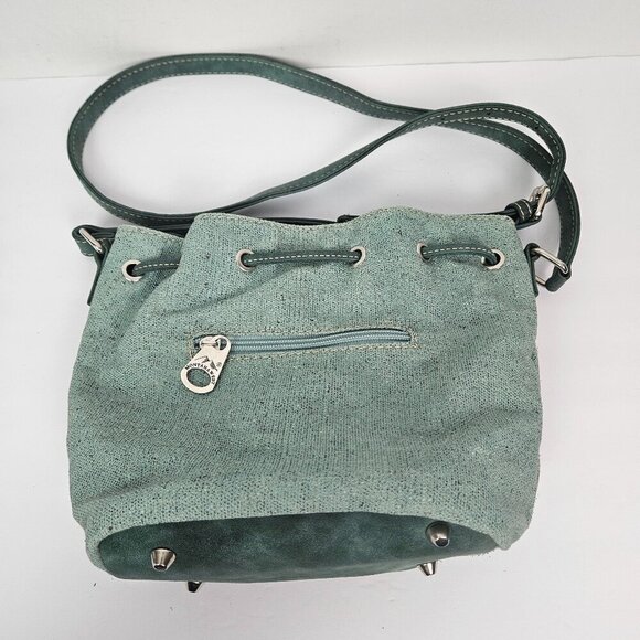 Montana West Green Canvas/Faux Leather Studded Suede Tassel Crossbody Bucket Bag - Picture 11 of 11